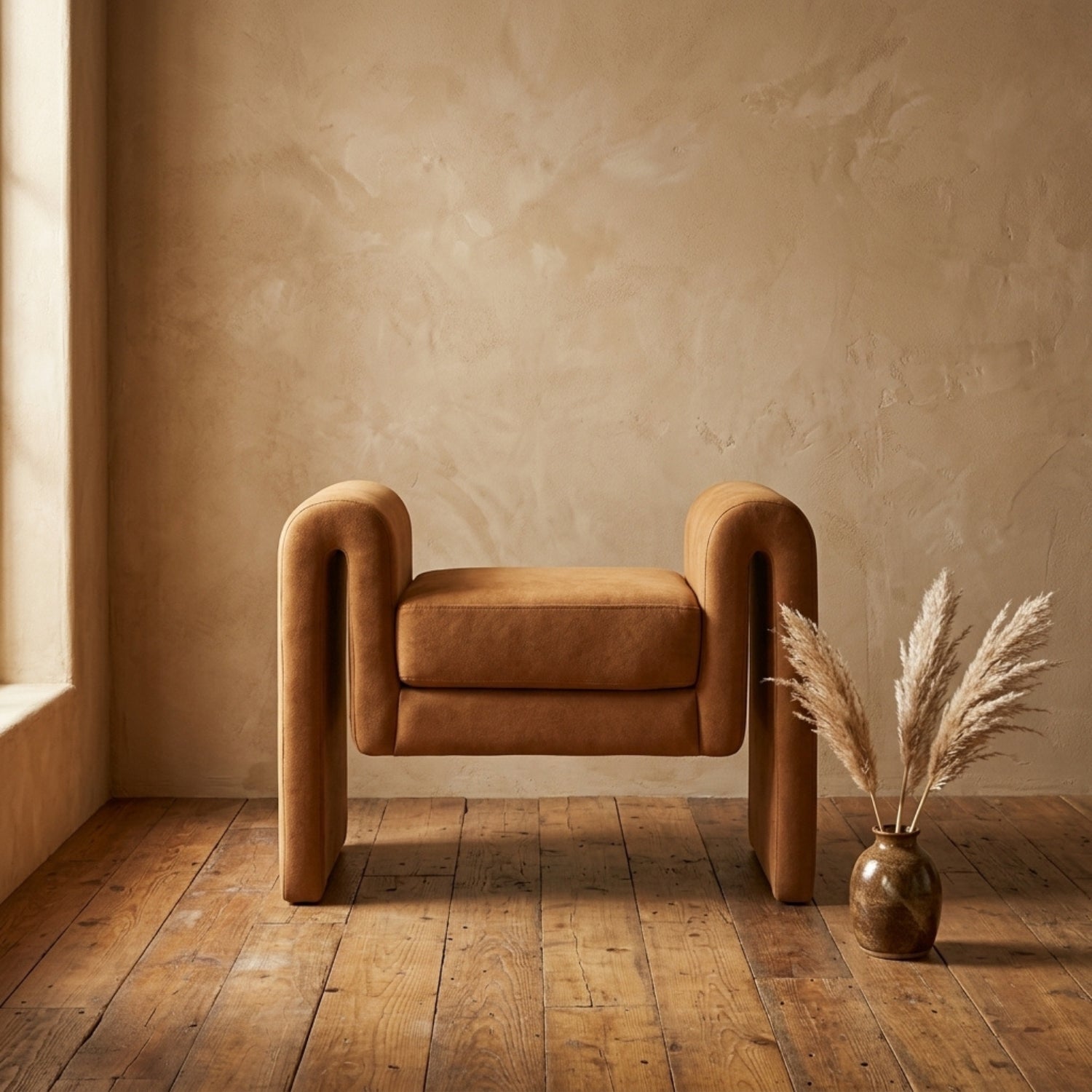 Brown armchair in a room with wooden floor and beige wall