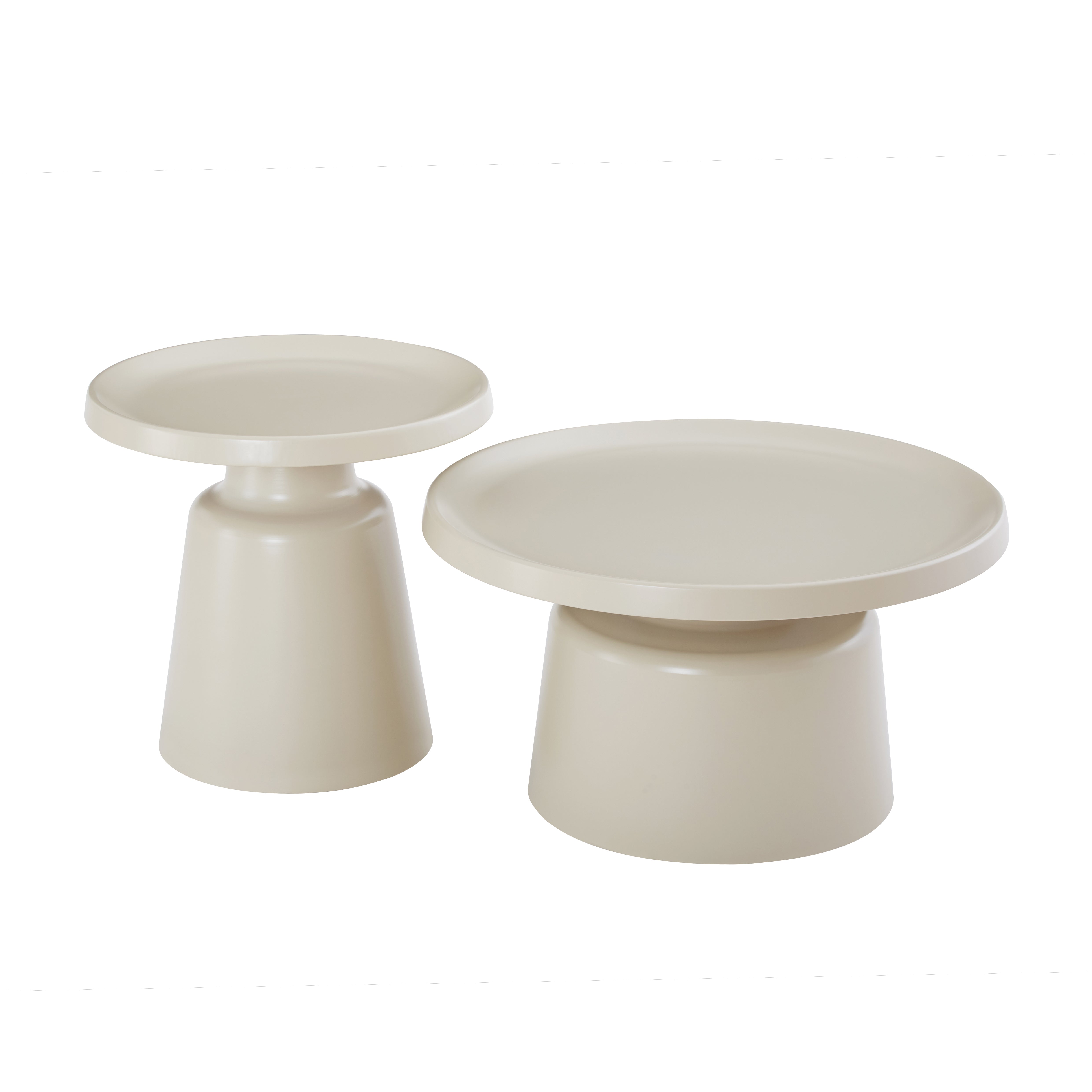 Circular beige accent table with white background