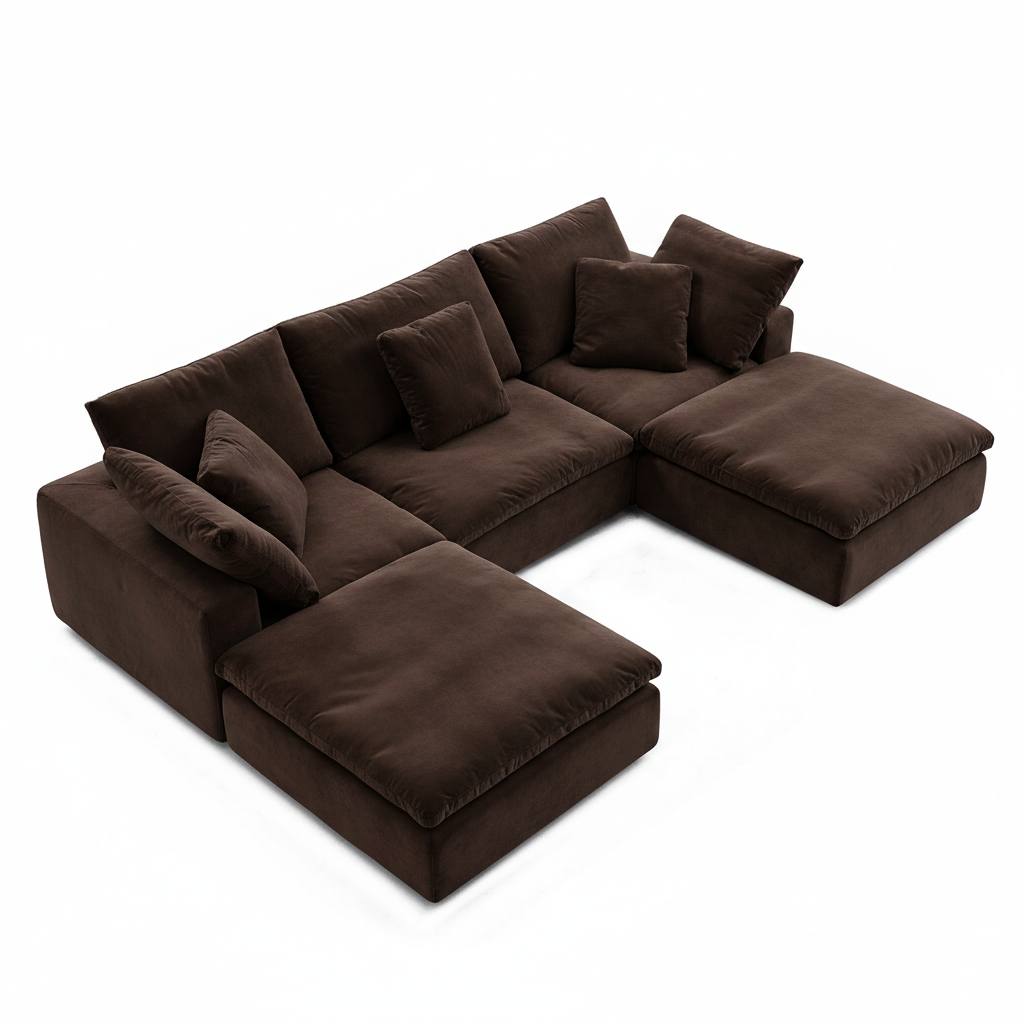 Mid-century inspired velvet couch in dark brown, part of curated living room furniture sets.
