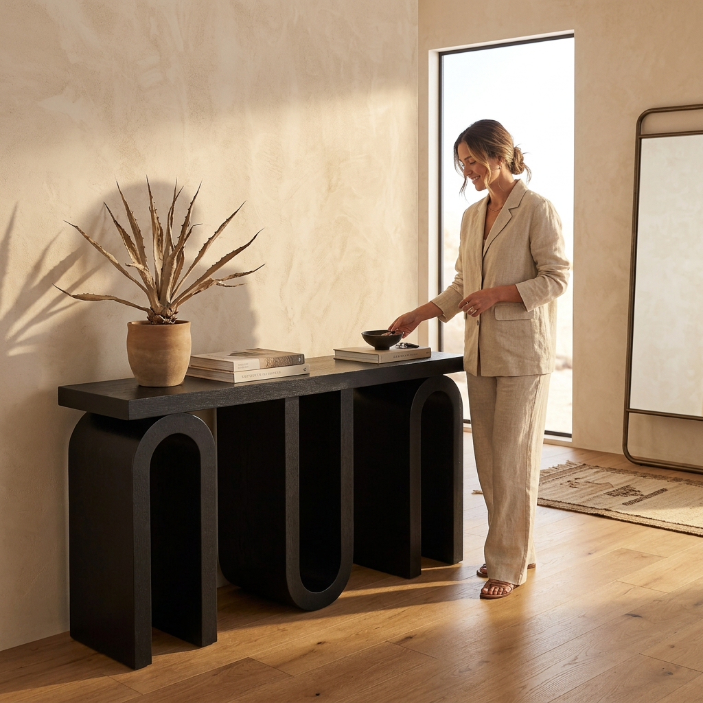 Woman standing next to a modern black console table with a plant and books in a bright room.