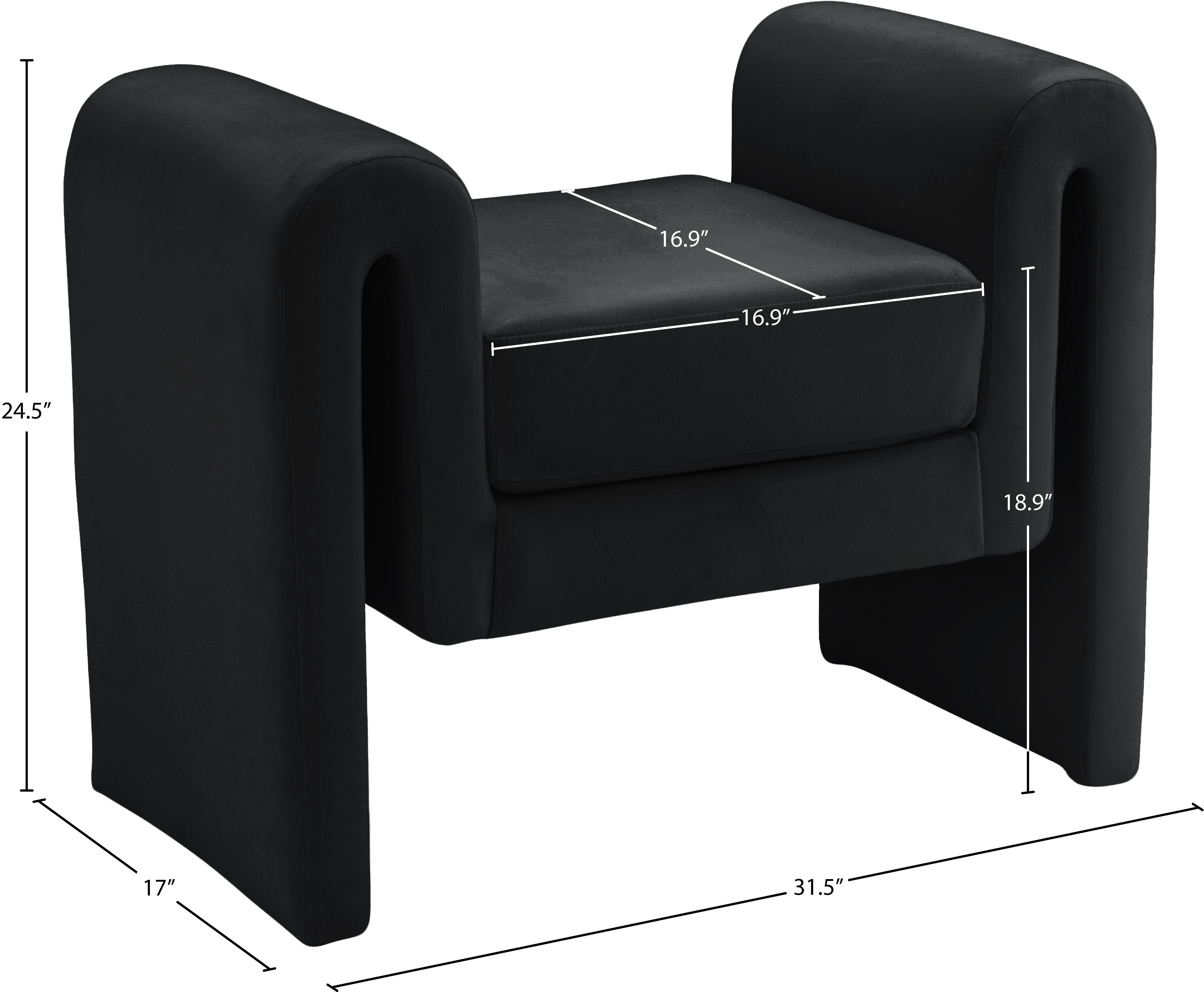 Black armchair with dimensions marked on a white background