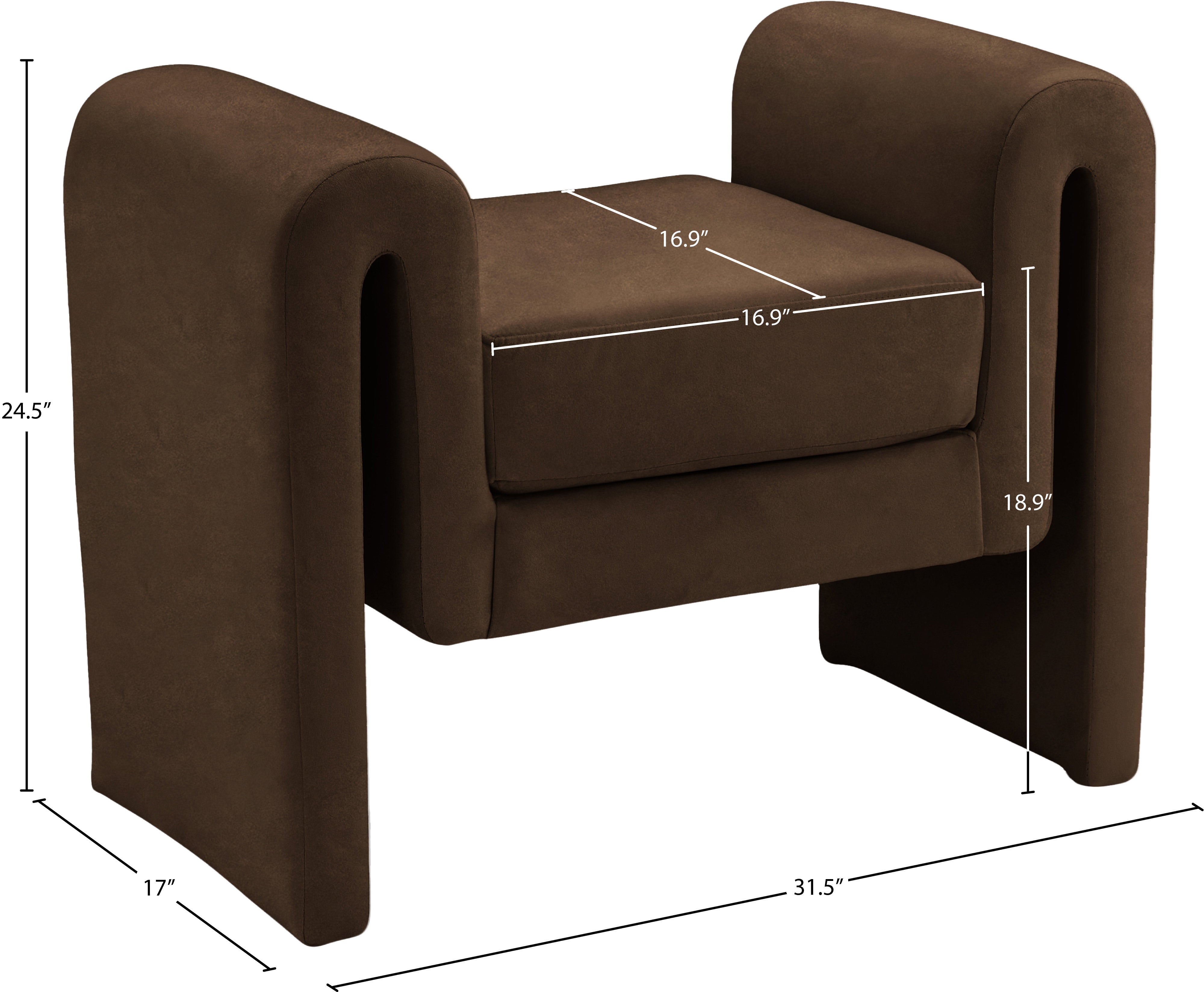 Brown armchair with dimensions marked on a white background