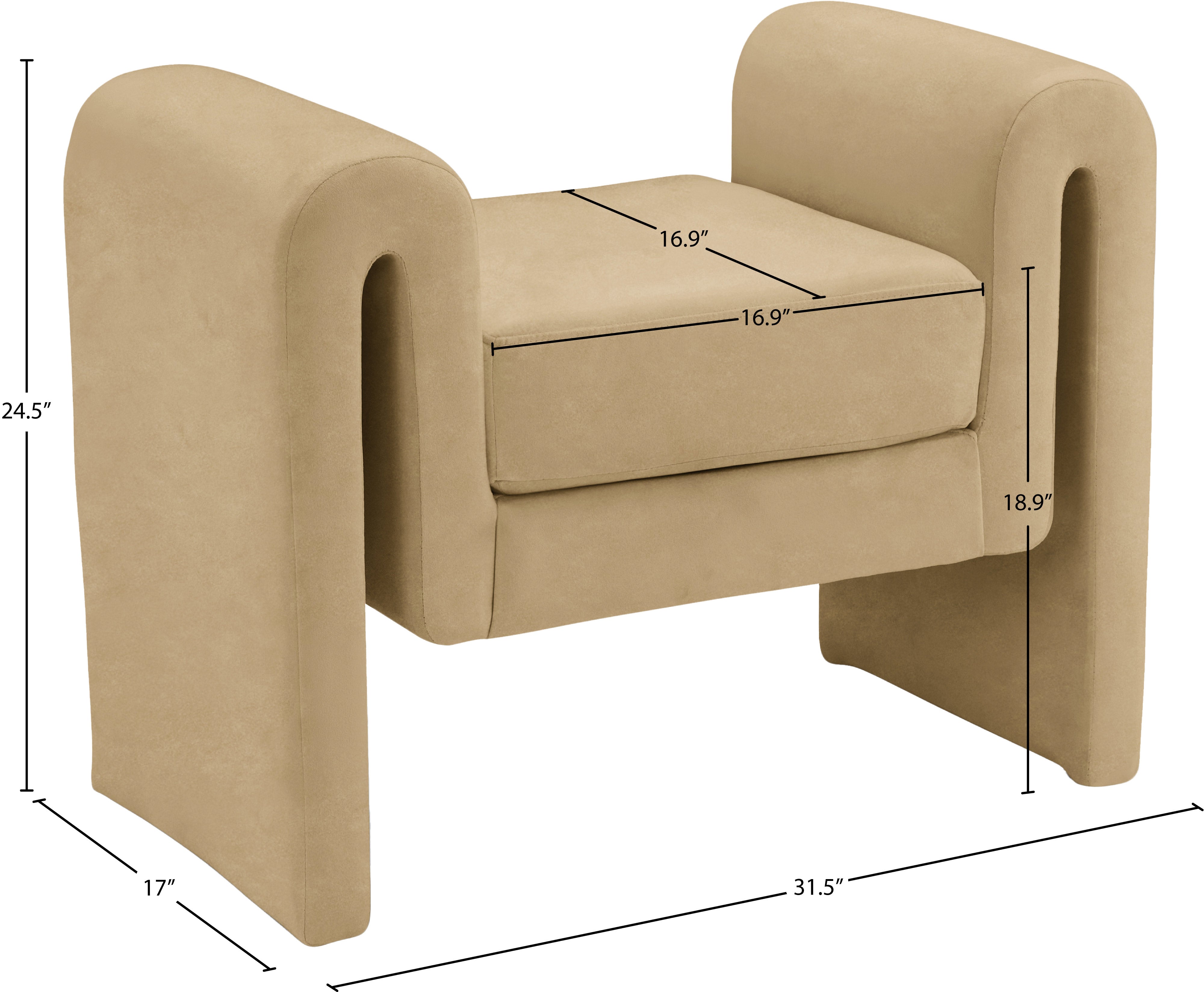 Beige armchair with dimensions marked on a white background