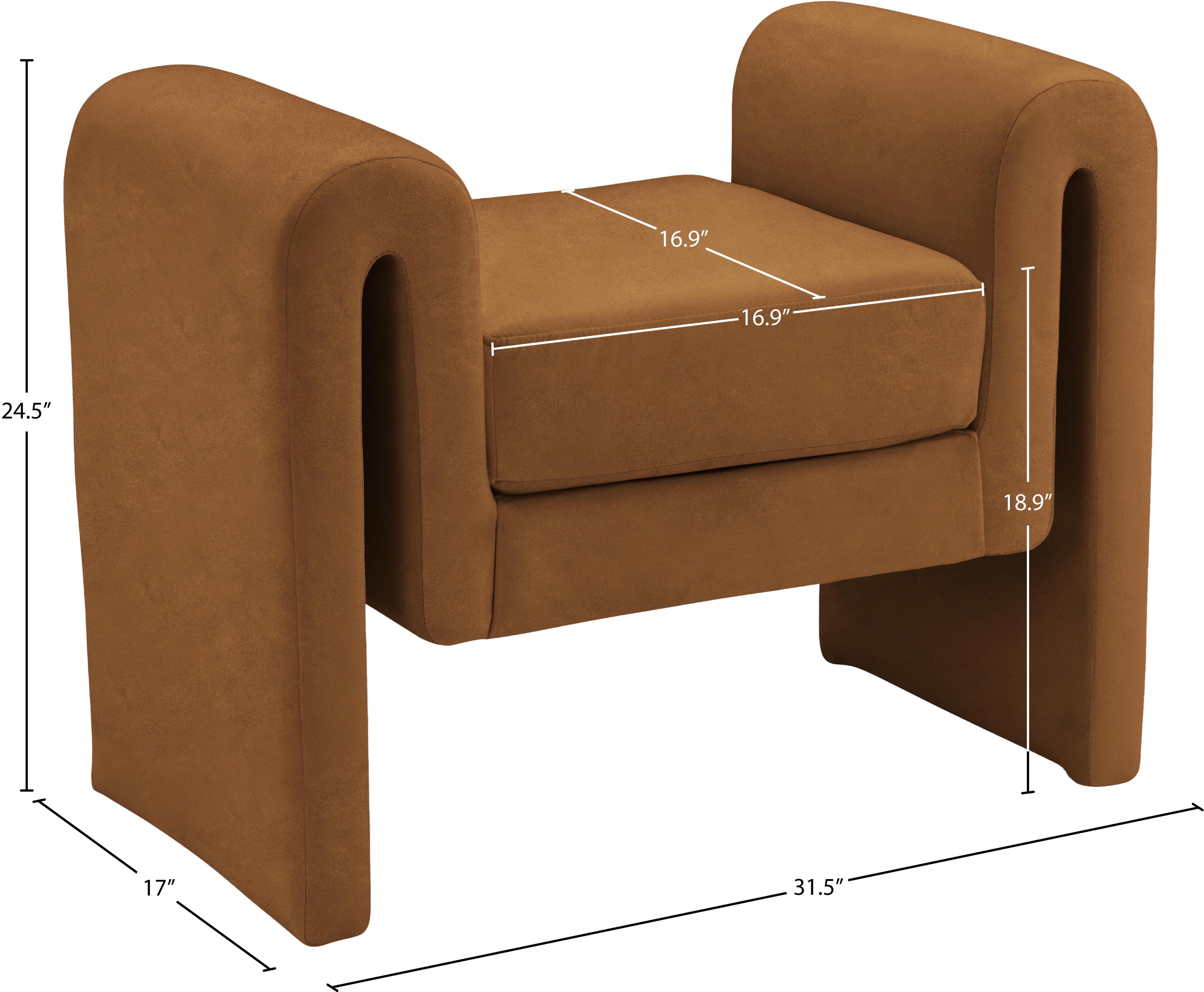 Brown armchair with dimensions marked on a white background