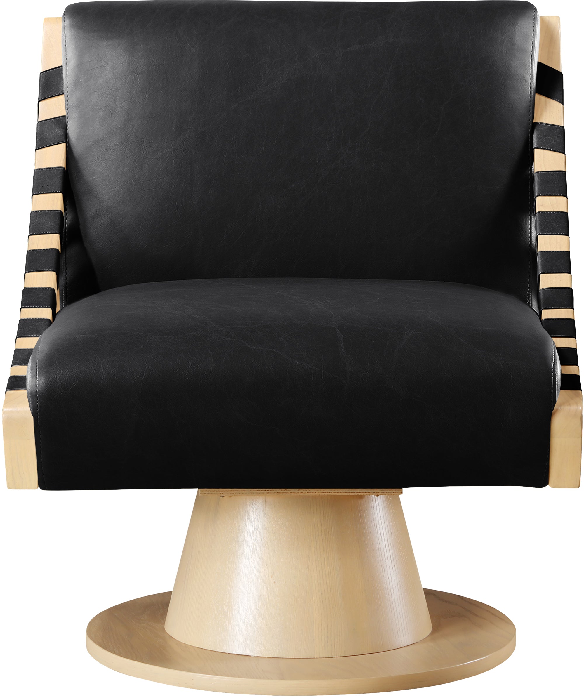 Black leather chair with striped armrests on a white background