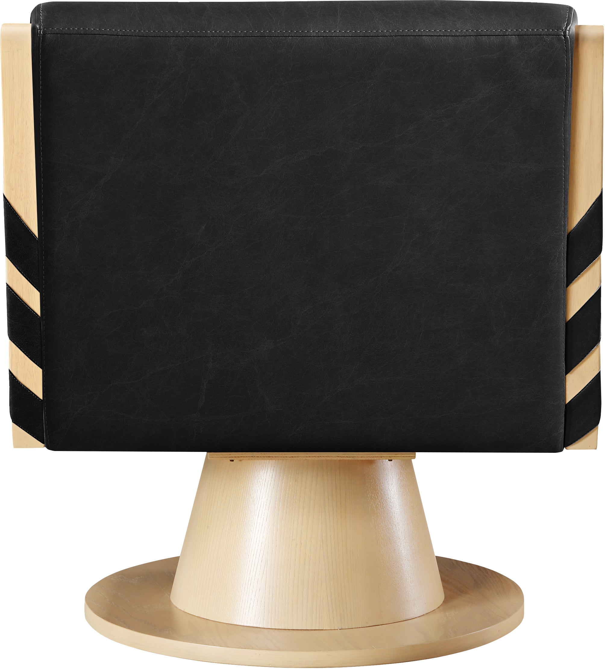 Black cushioned chair with wooden base on a white background