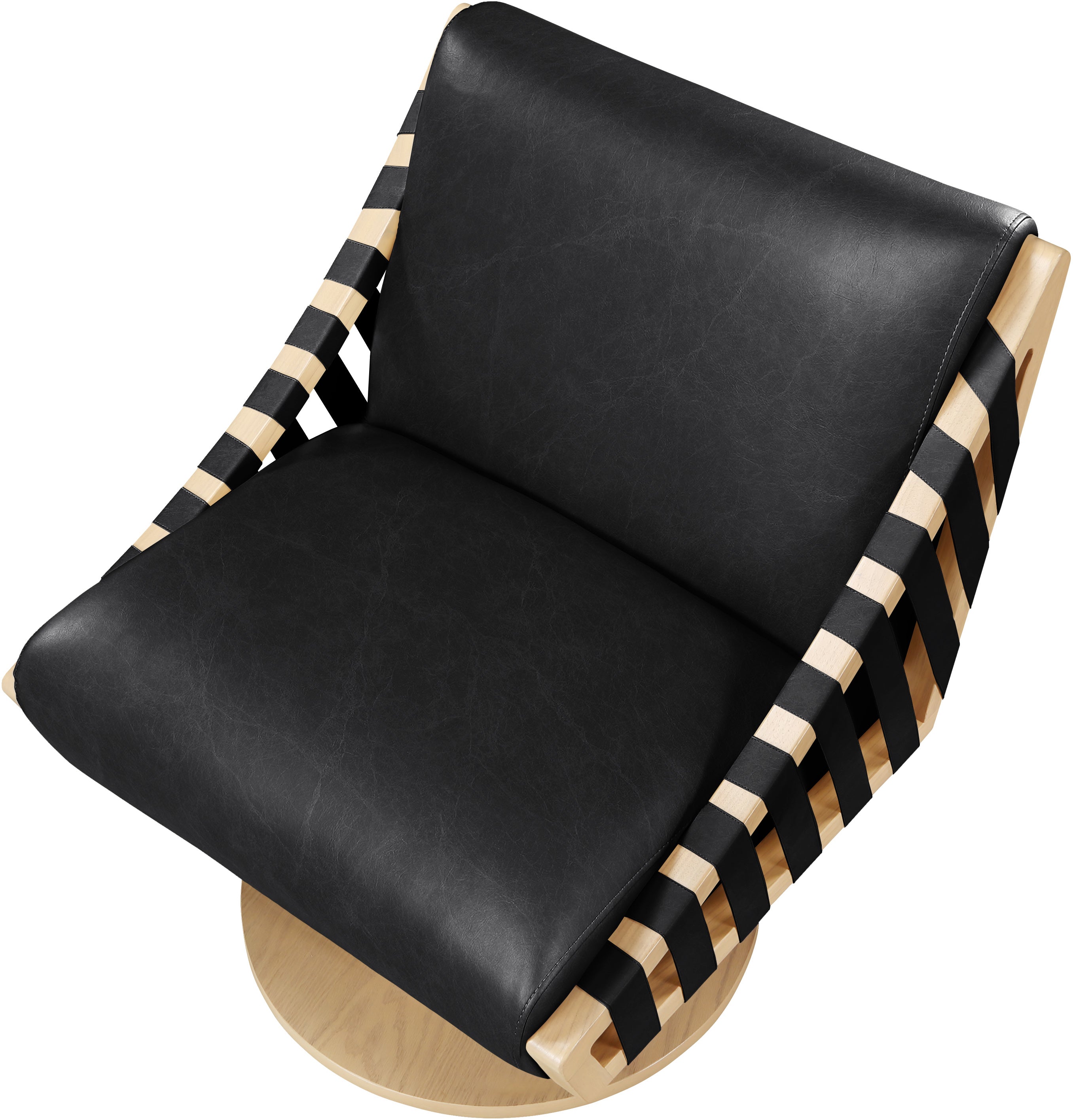 Black leather chair with striped armrests on a white background
