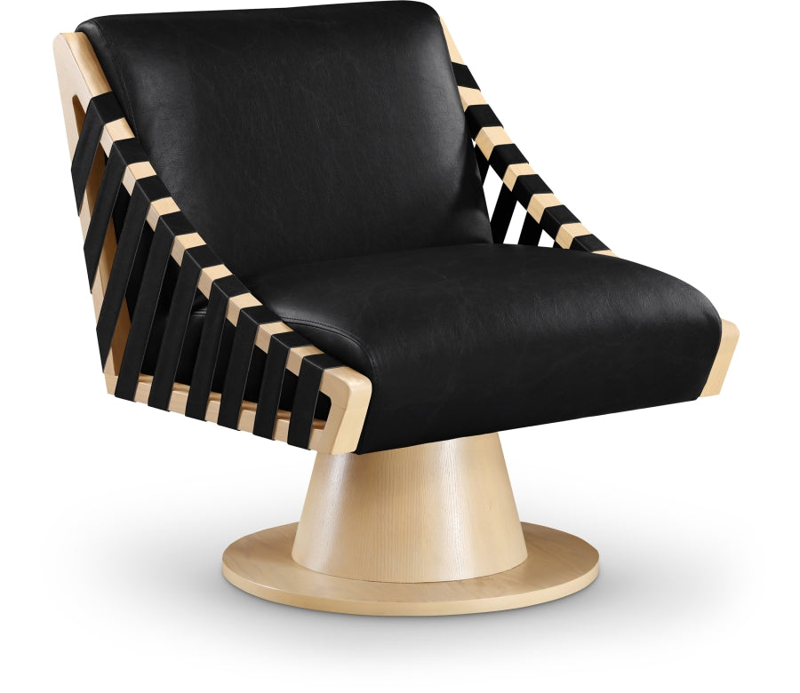 Black faux leather accent chair with light wooden base 