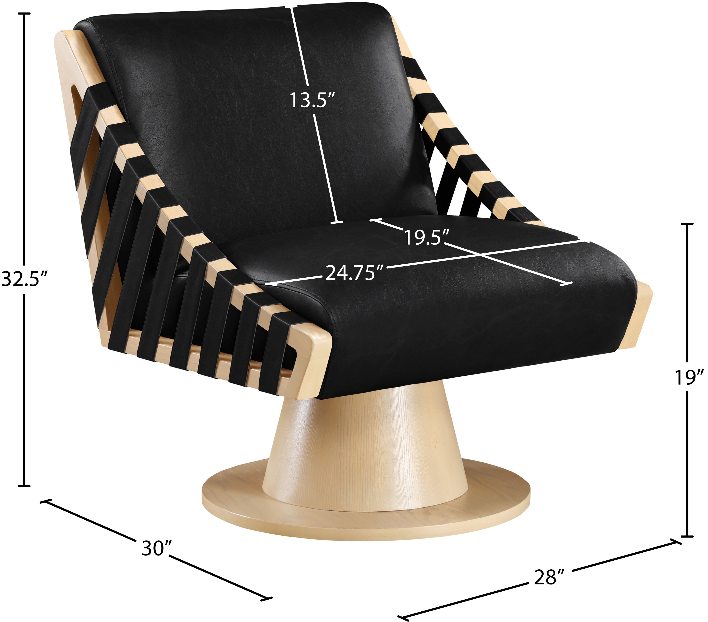 Black chair with measurements on a white background