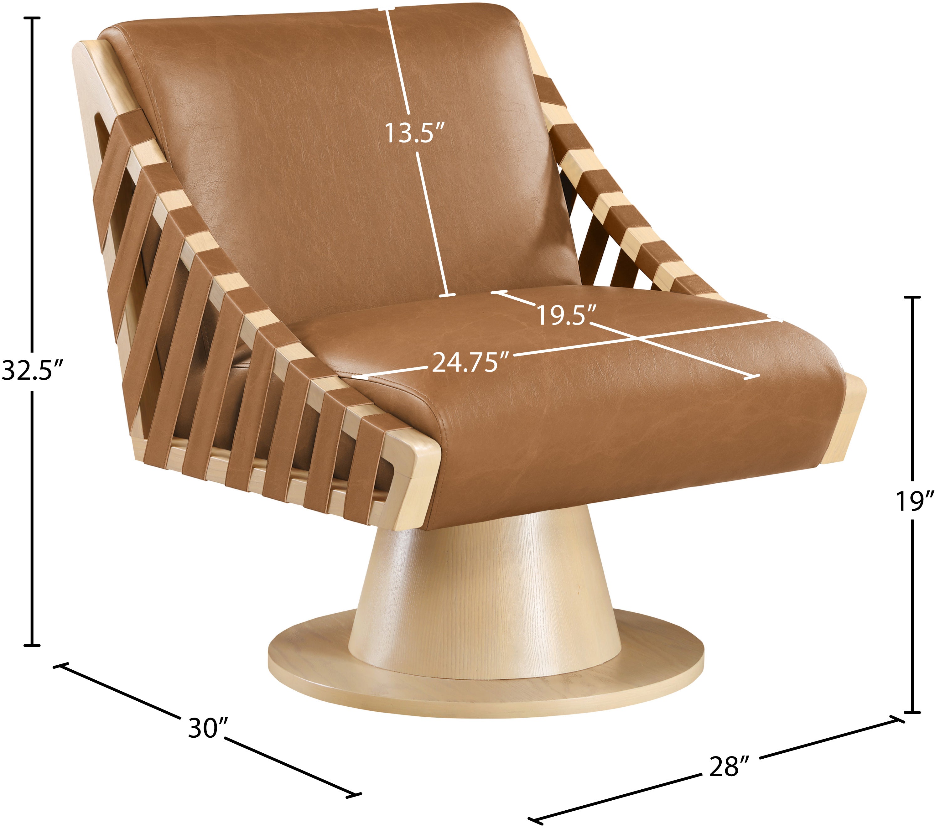 Brown chair with dimensions marked on a white background