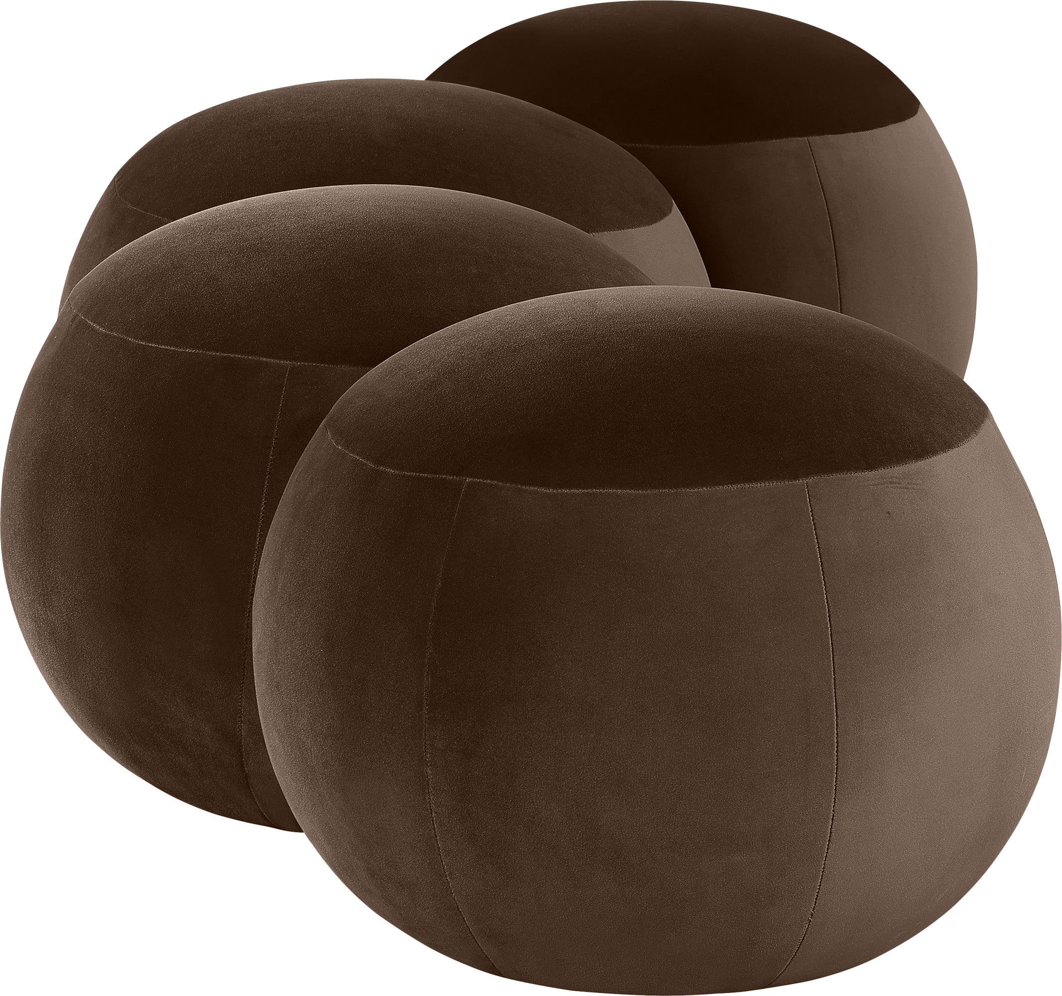 Four brown spherical ottomans on a white background