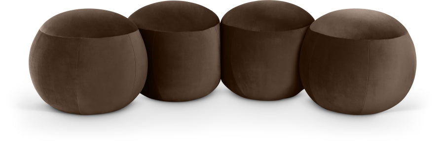 Four dark brown round stools on a white background
