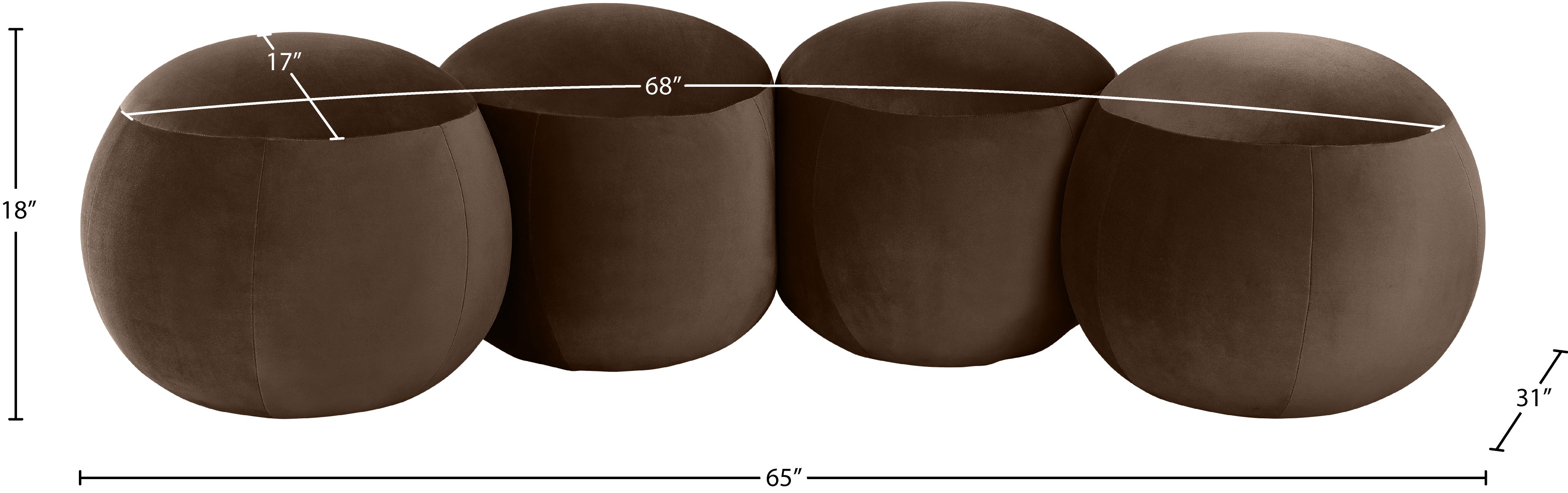 Four brown spherical planters with measurements on a white background