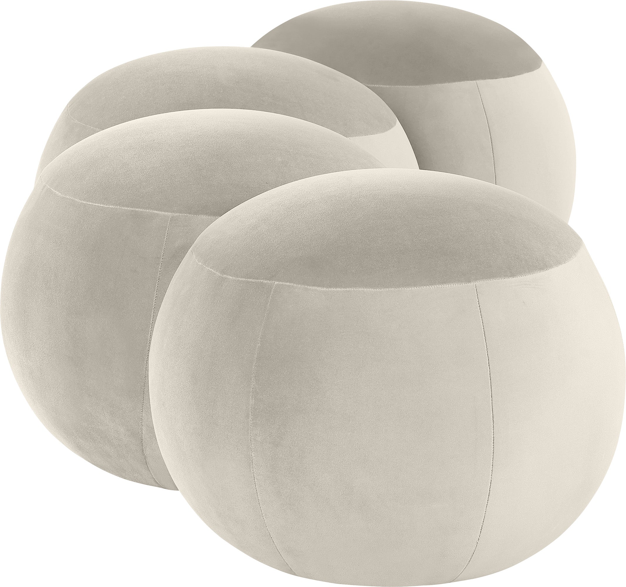 Set of four beige spherical ottomans on a white background