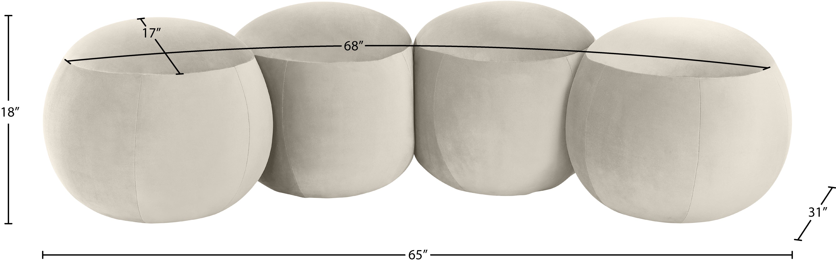 Set of four spherical concrete planters with dimensions displayed