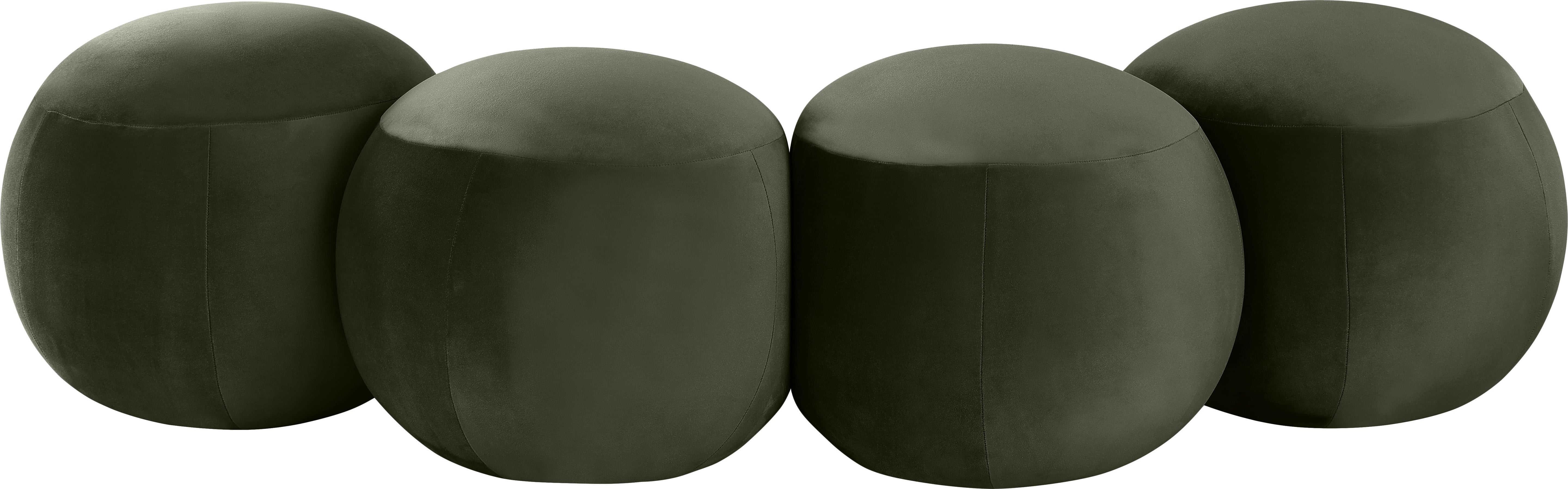 Four dark green round ottomans arranged in a row.