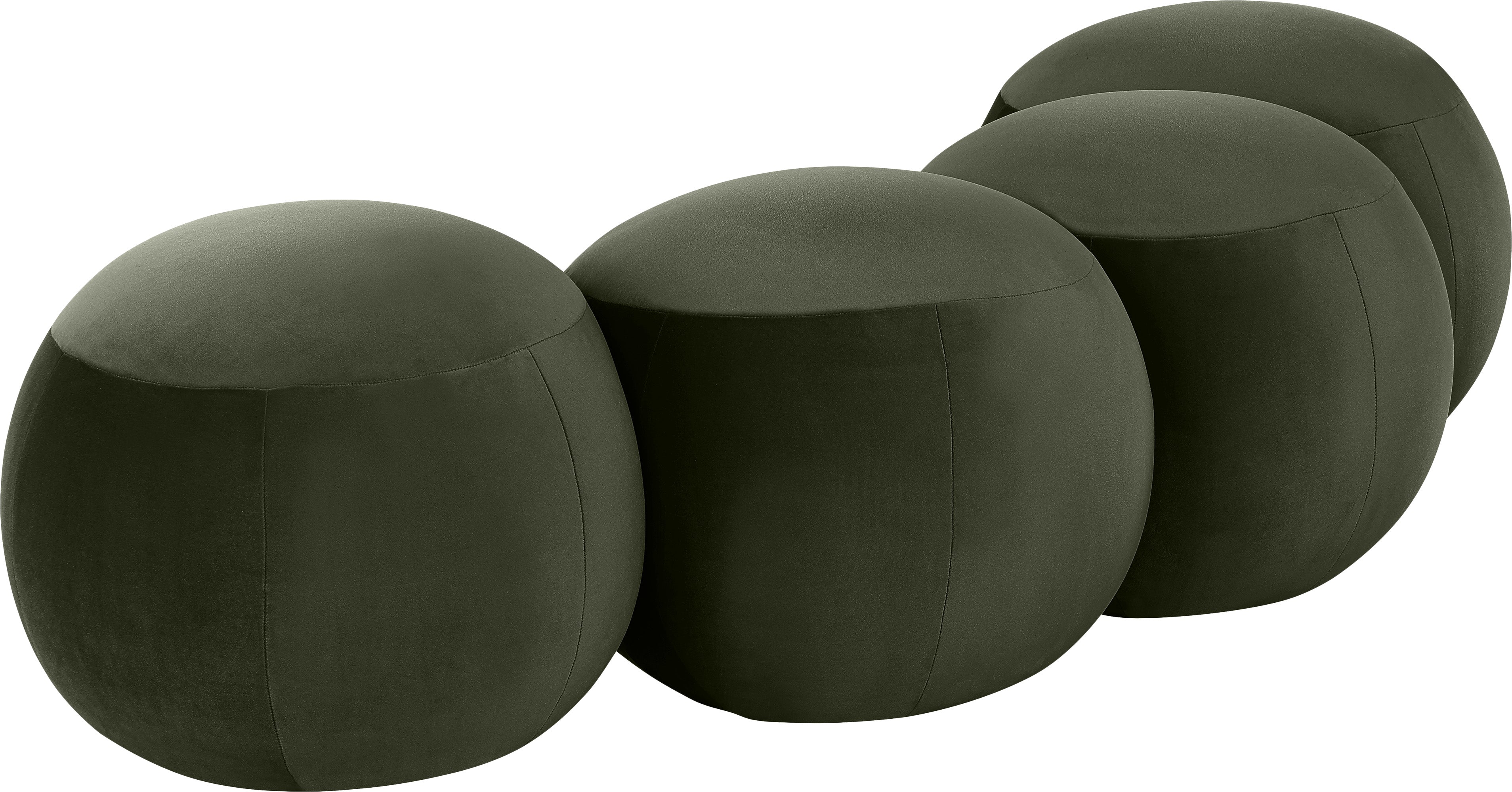 Set of green foam balls arranged in a row on a white background