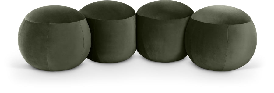 Four dark green round stools on a white background