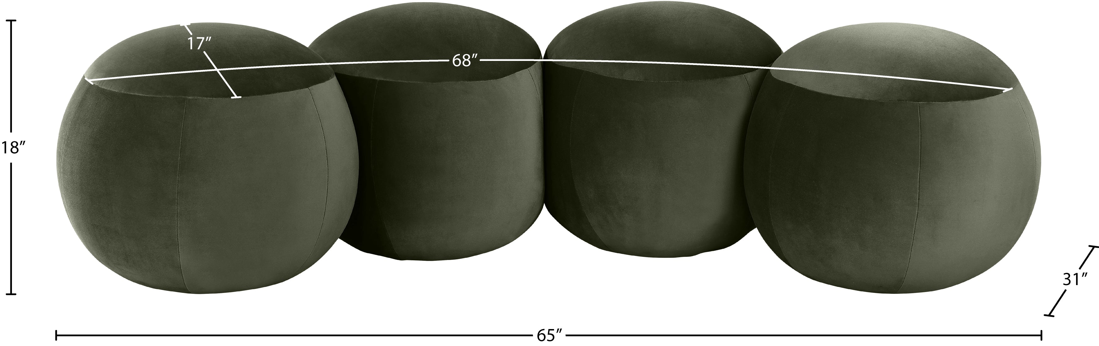 Set of four dark green spherical planters with measurements on a white background