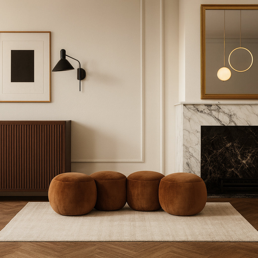 Modern living room with brown ottomans, wall sconce, and framed artwork.