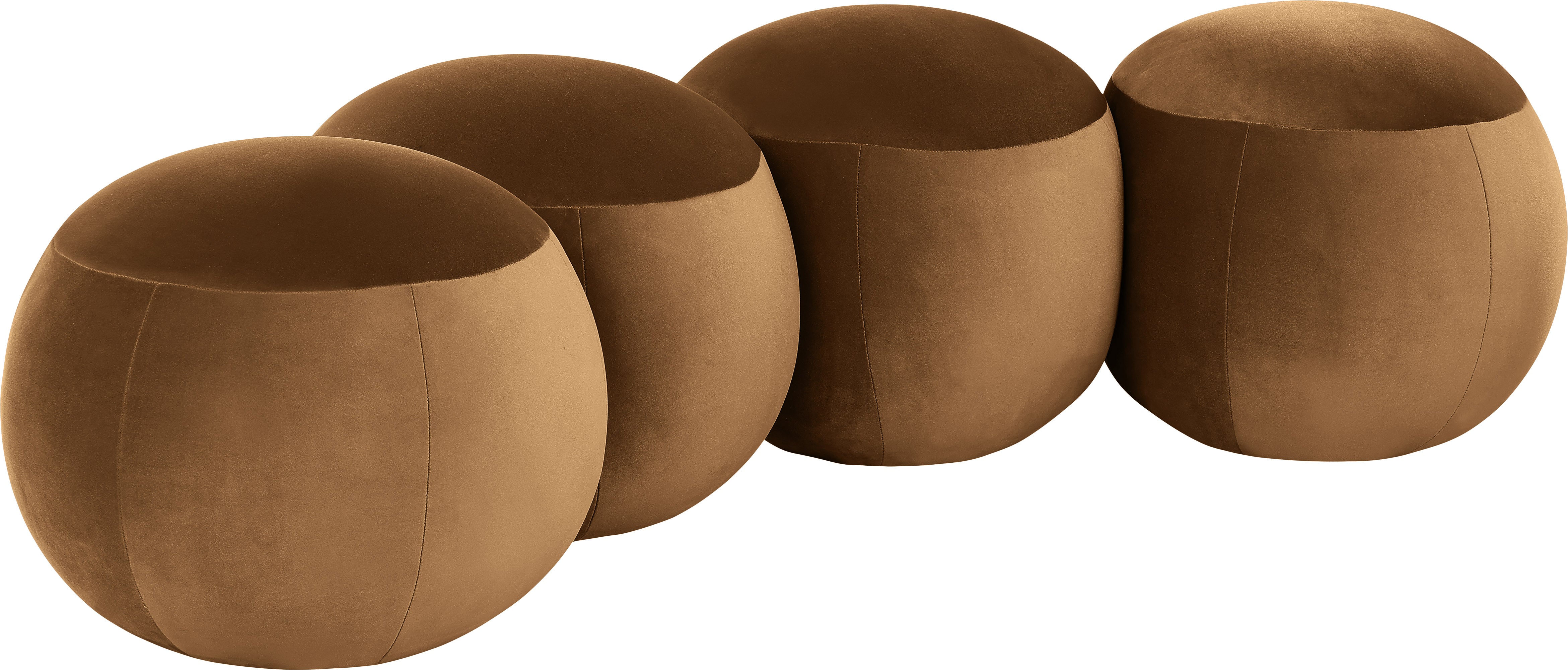 Set of four brown spherical ottomans on a white background