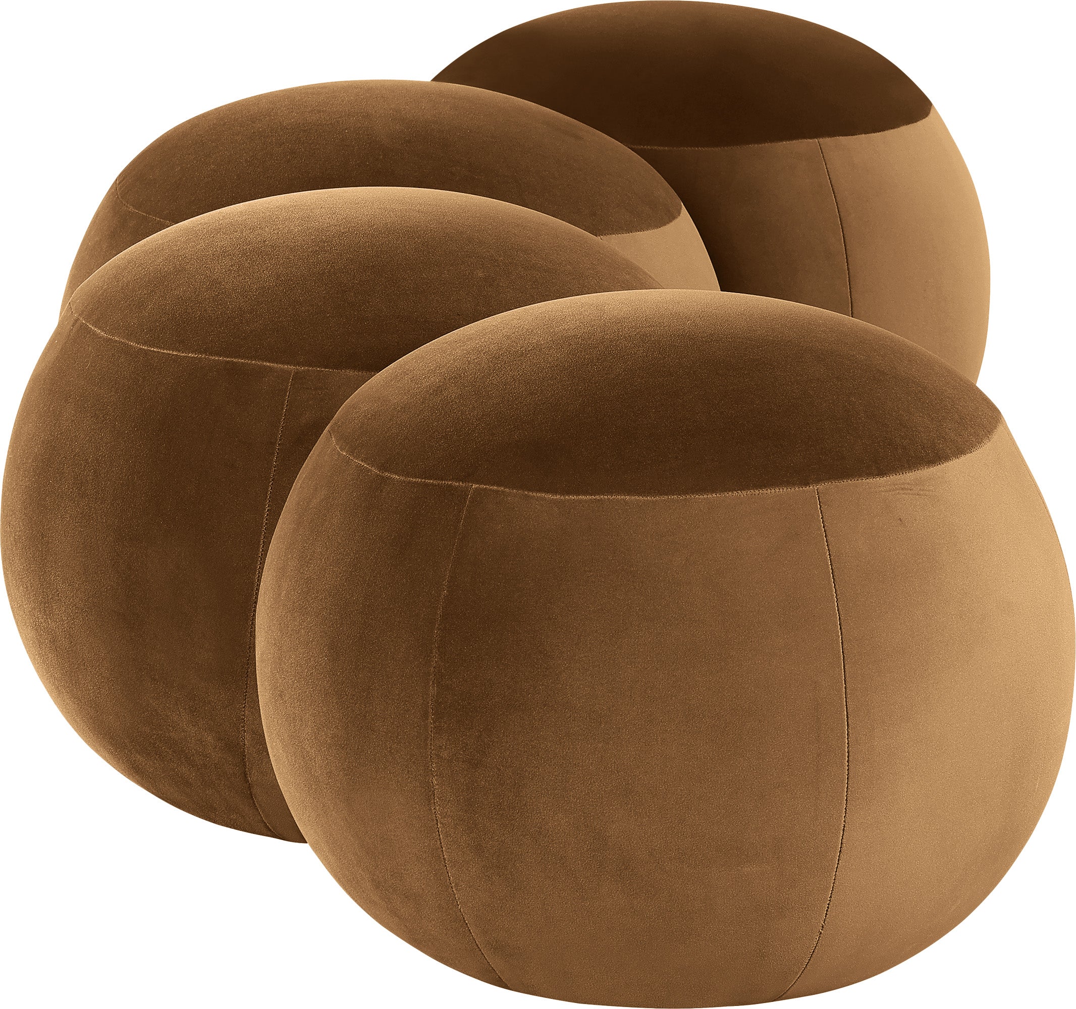Four brown spherical ottomans on a white background