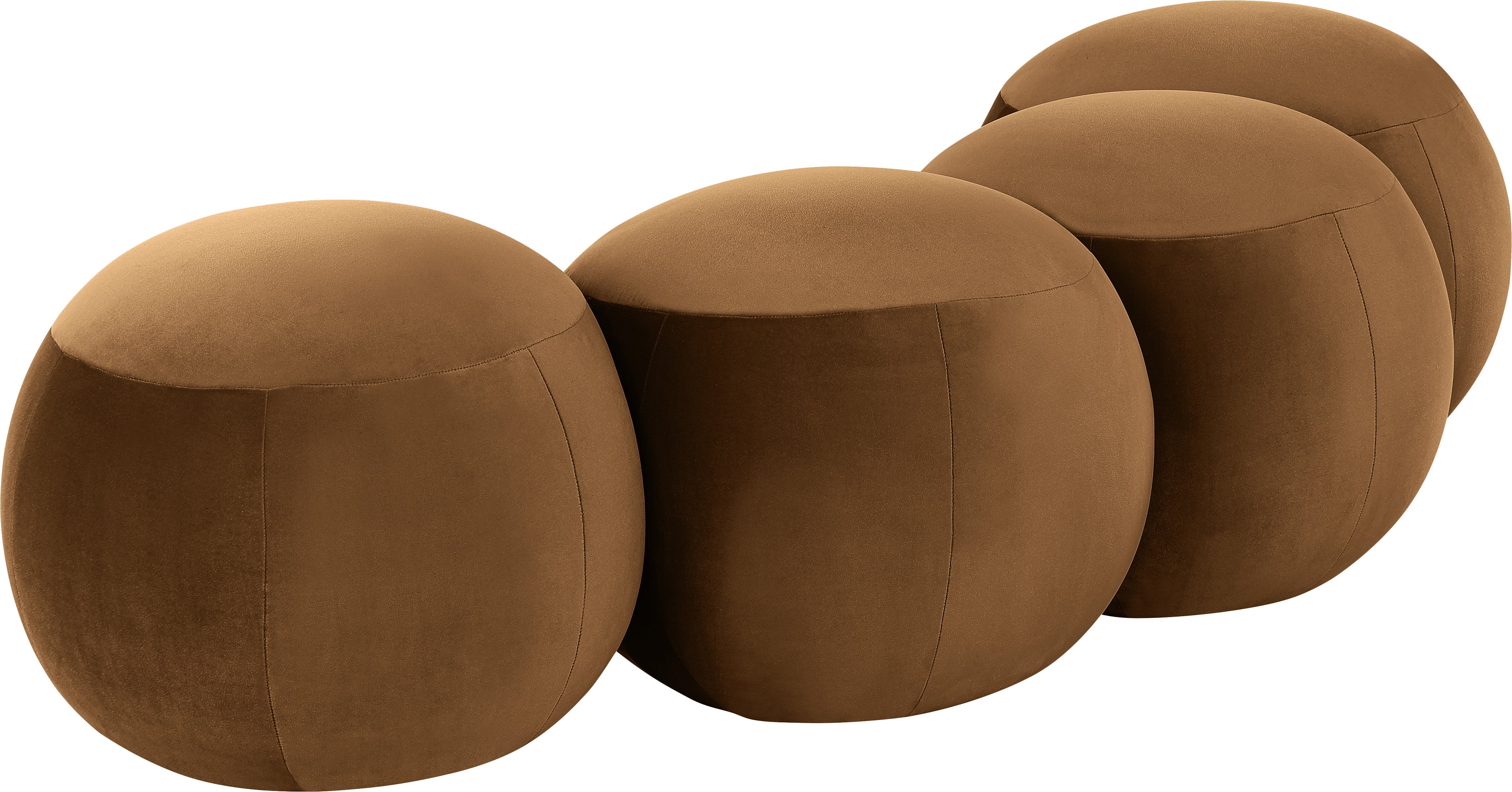 Set of five brown spherical ottomans on a white background
