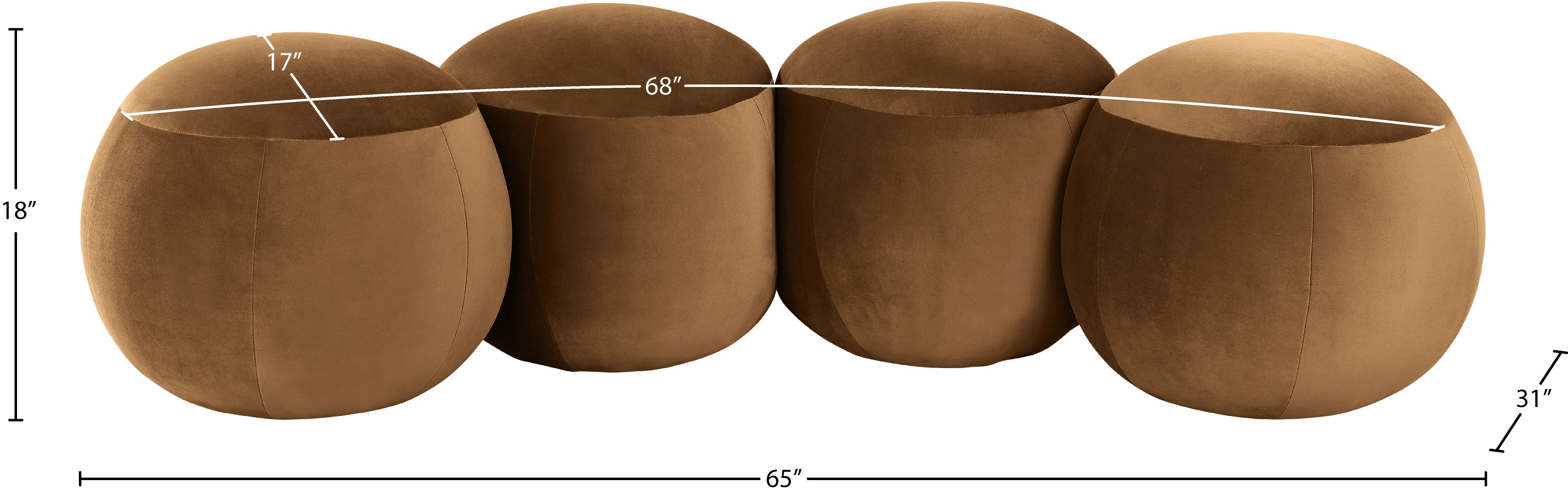Set of four brown spherical planters with measurements on a white background