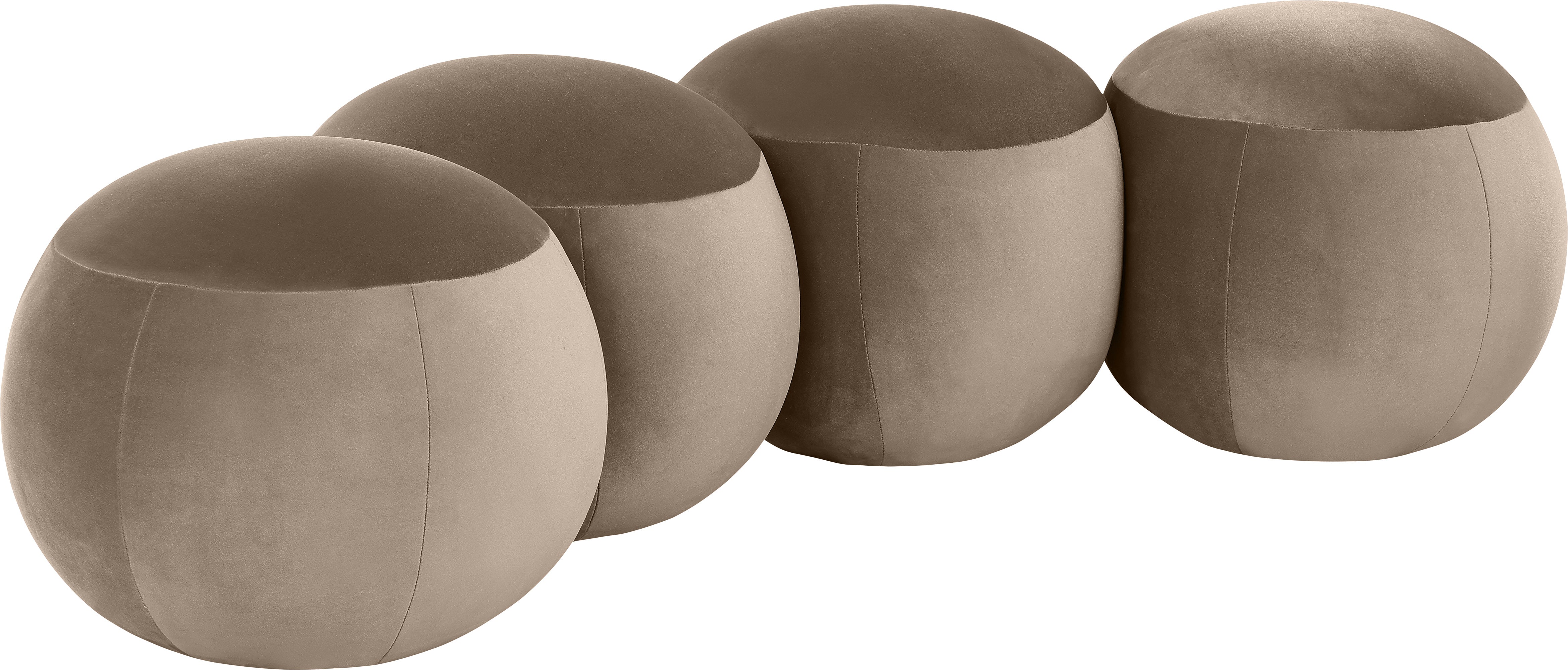 Four round beige stools arranged in a row on a white background