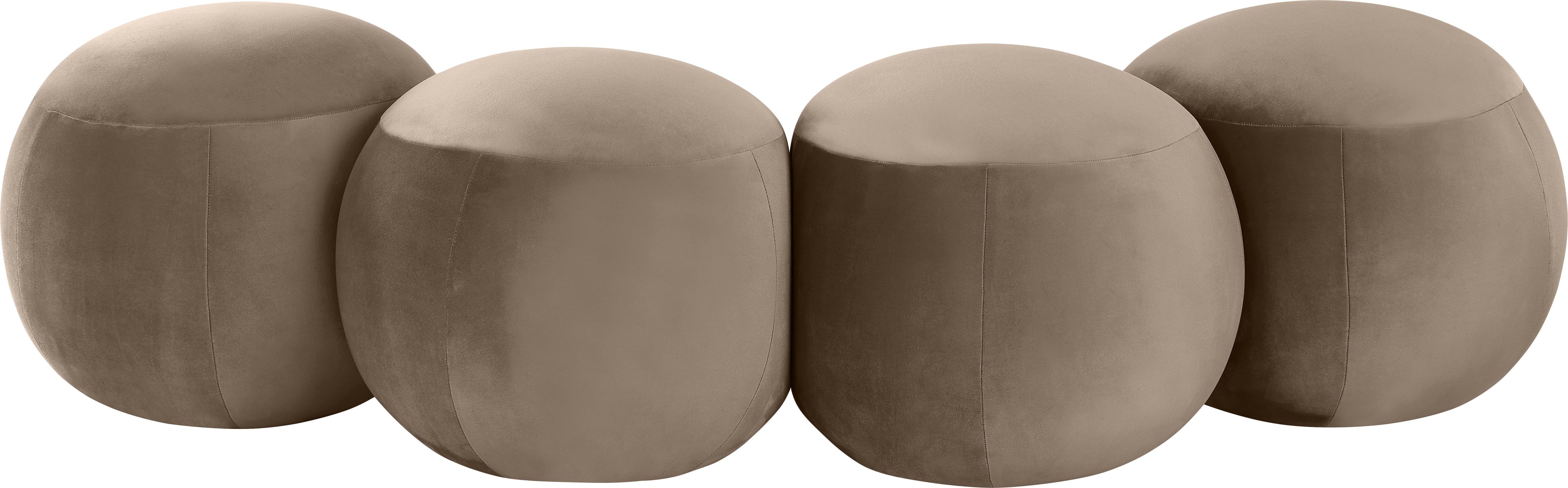 Four round beige ottomans arranged in a row on a white background