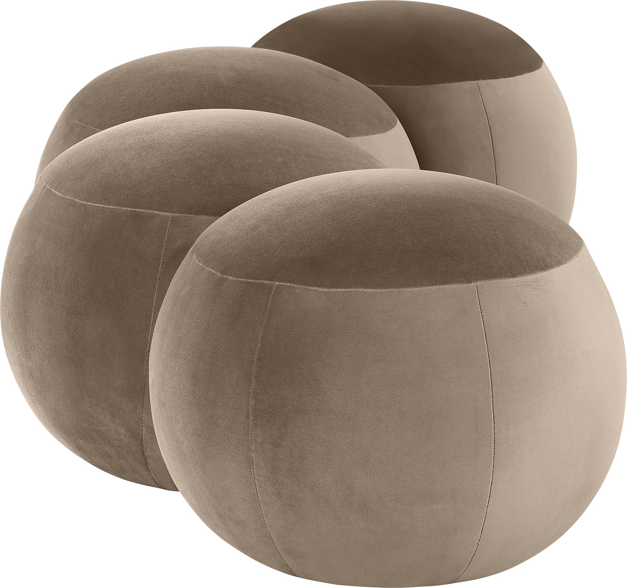 Four brown spherical ottomans on a white background