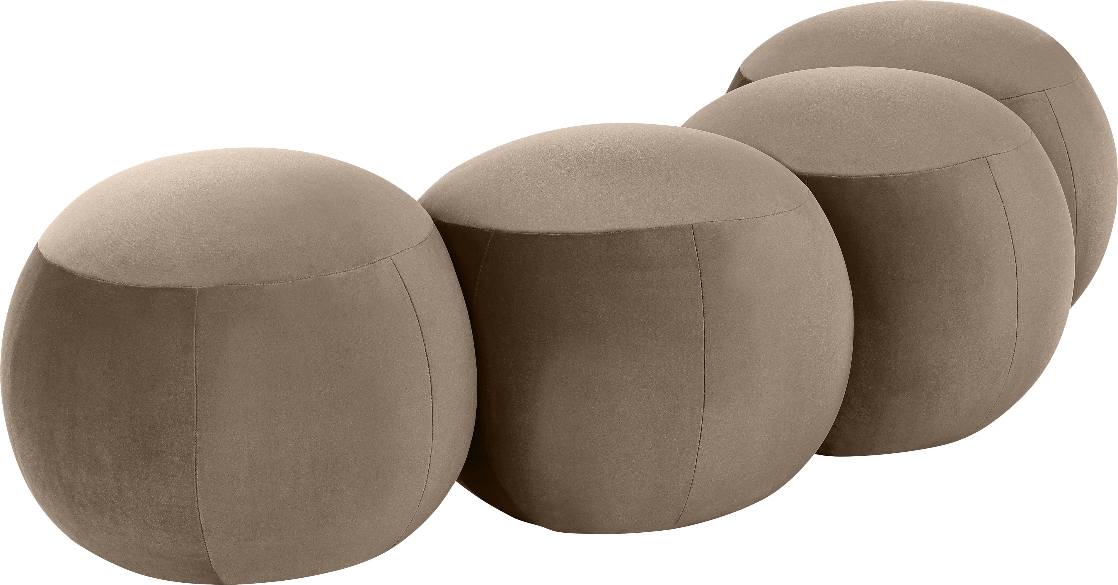 Row of beige spherical ottomans on a white background