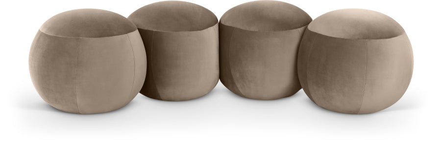 Four beige spherical stools on a white background
