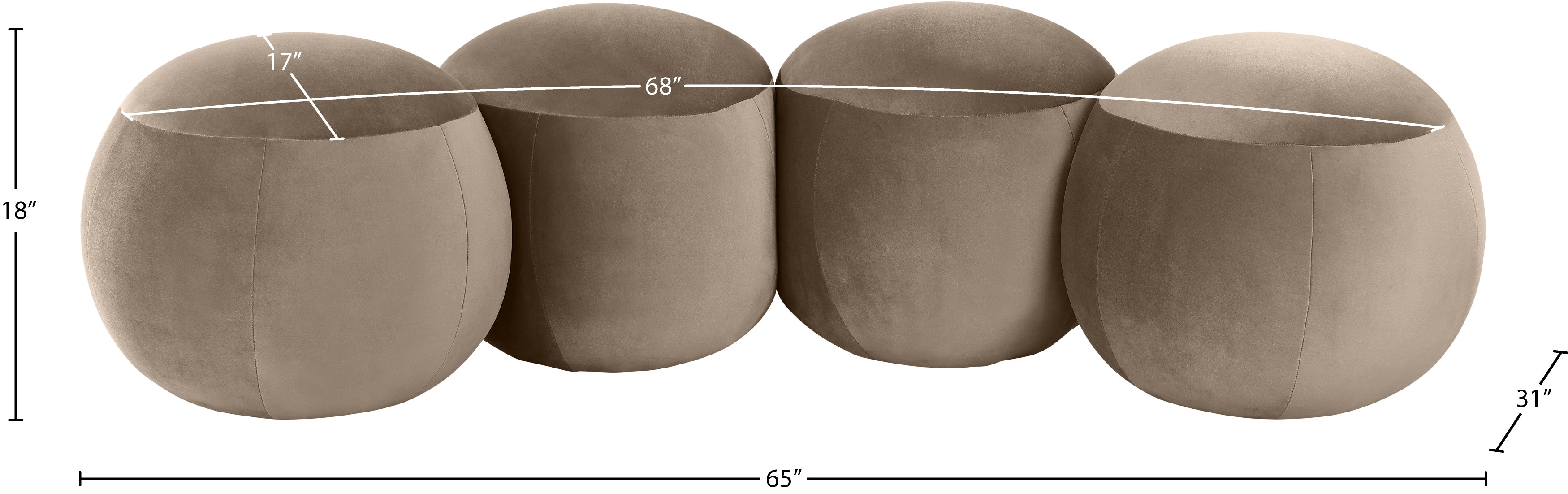 Four spherical planters with dimensions indicated on a white background