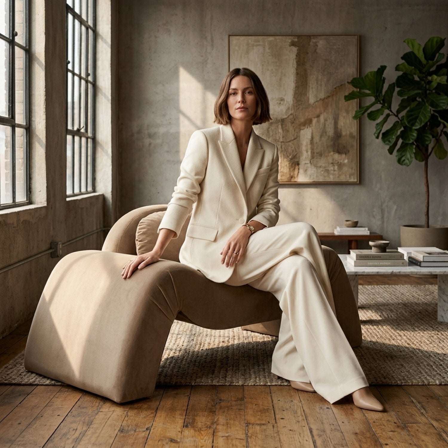 Woman in a white suit sitting on a modern chair in a stylish room with large windows and decor.