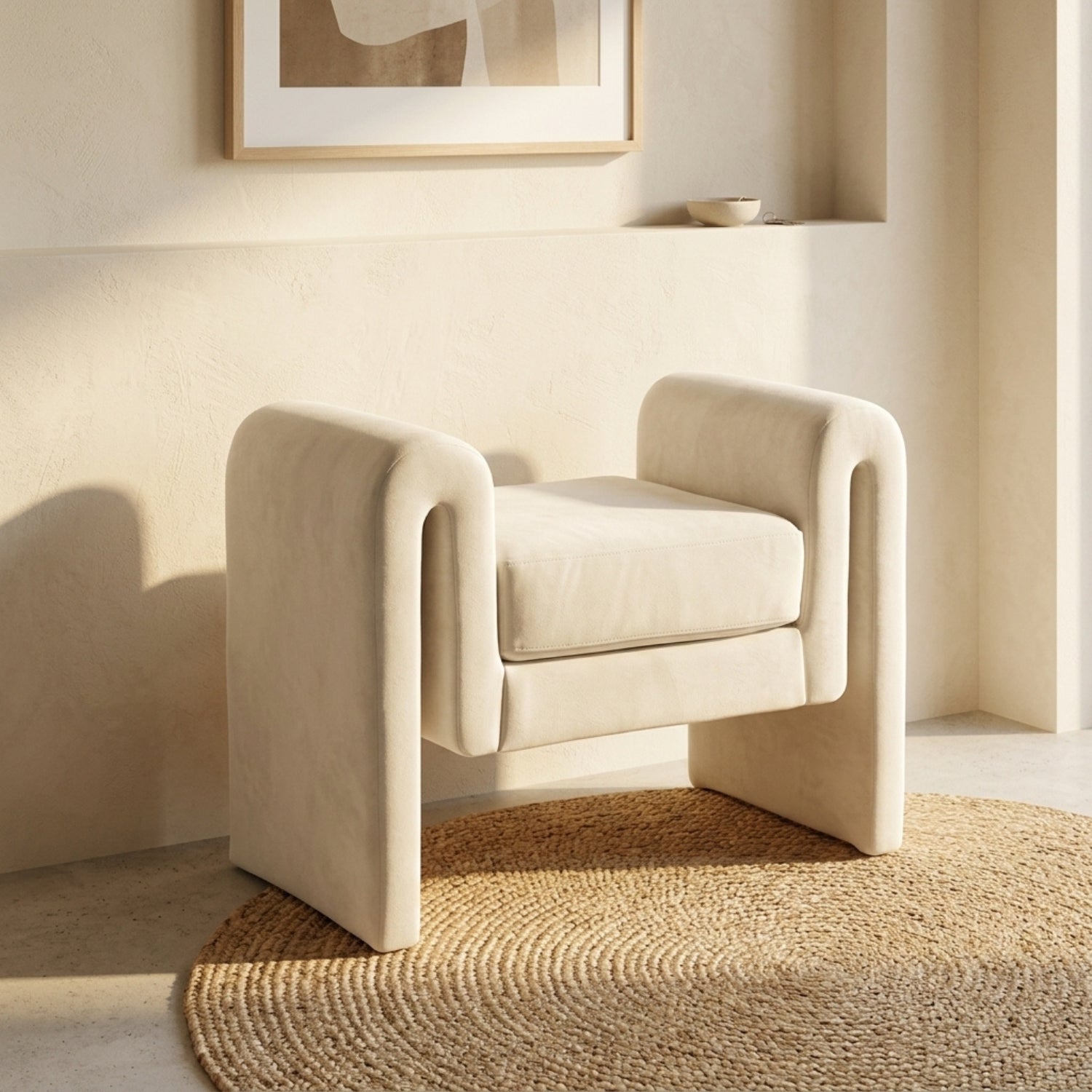 Beige armchair in a minimalistic room with a neutral color palette
