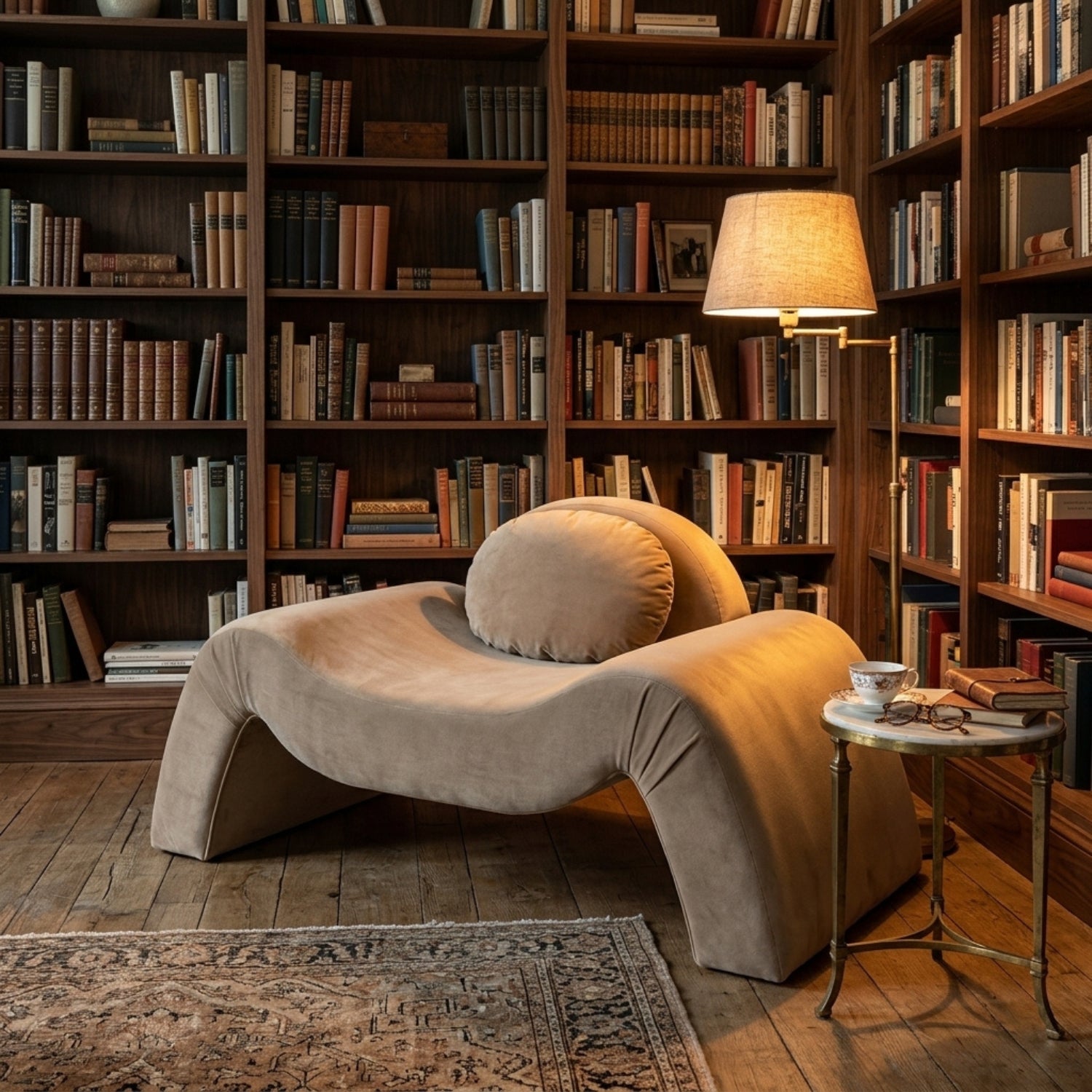 Modern beige lounge chair in a cozy library setting with bookshelves and a lamp.