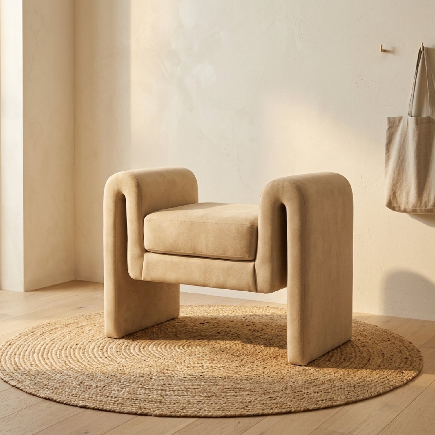 Beige armchair in a room with a textured rug and neutral decor