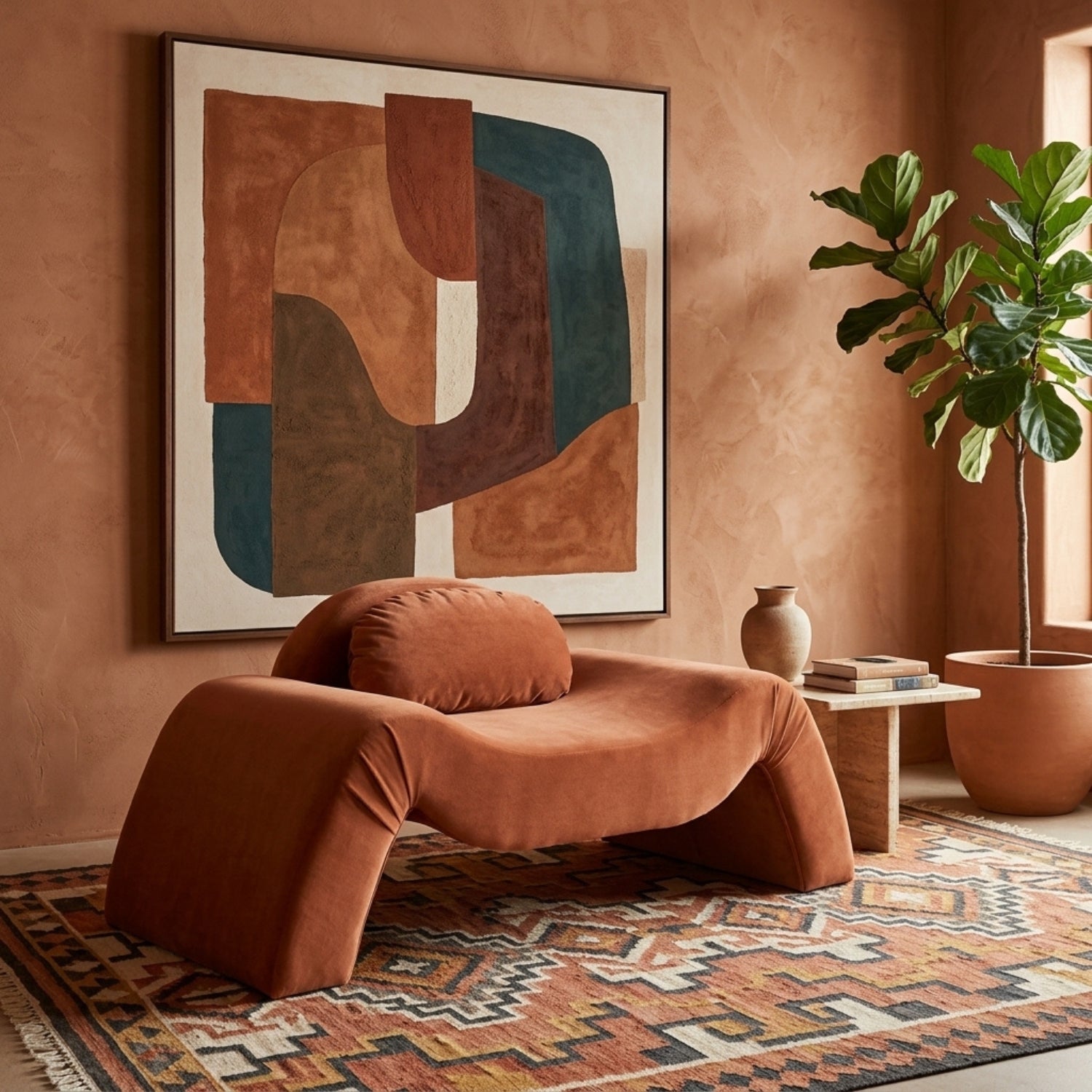 Brown armchair in a room with abstract art, a plant, and a small table.