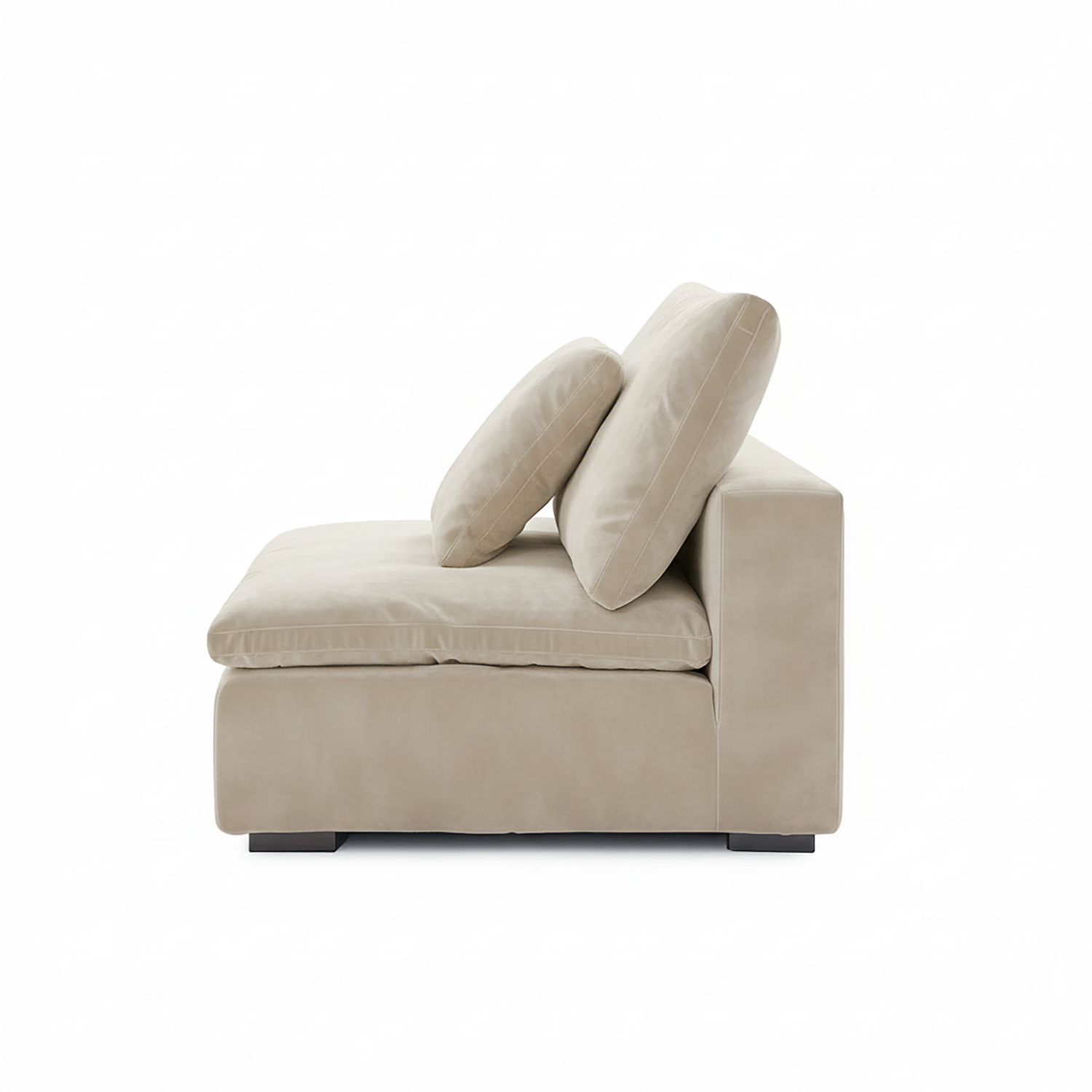 Beige corner sofa with two cushions on a white background